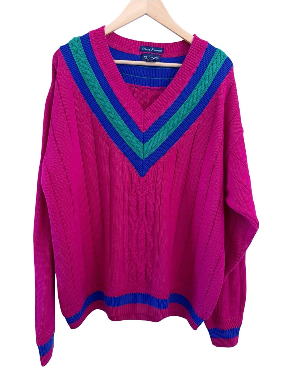 Vintage GANT Cable Knit Tennis Sweater 90s Prep Classic V-Neck 100% Cotton XL